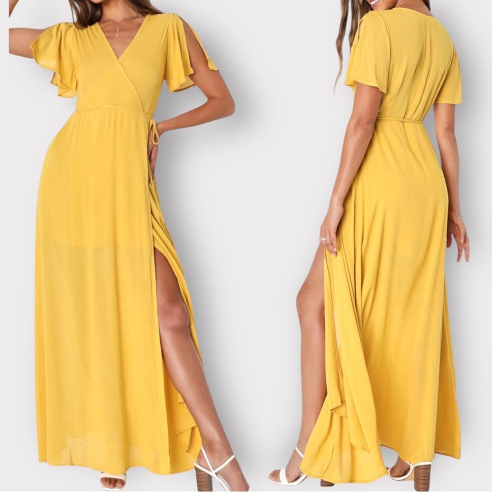 Lulu’s Much Obliged Golden Wrap Dress Large - Picture 1 of 4